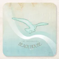 Beach House Seagull Aqua Blue ID623 Square Paper Coaster
