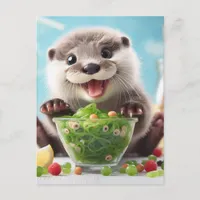 Adorable Happy Otter Making a Salad Postcard