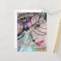 Face and Hummingbird Abstract Mixed Media Collage Postcard