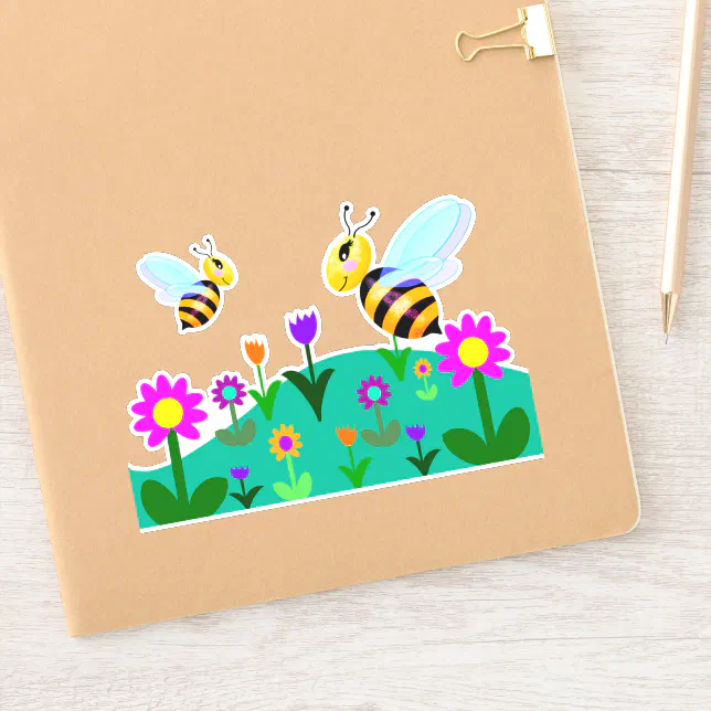 Happy bees in a flower field sticker