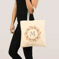 coral roses wreath monogram tote bag