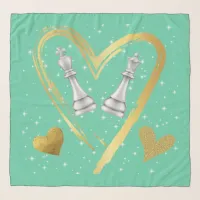 Gold Hearts King and Queen Chess Pieces on Sage | Scarf