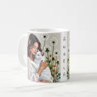 Woman and White Cat and Dandelions  Coffee Mug