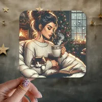 Cozy Scene | Woman Drinking Cocoa with Cat Square Sticker