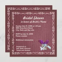 Red Burlap, Purple Flowers, Jar Bridal Shower Inv Invitation