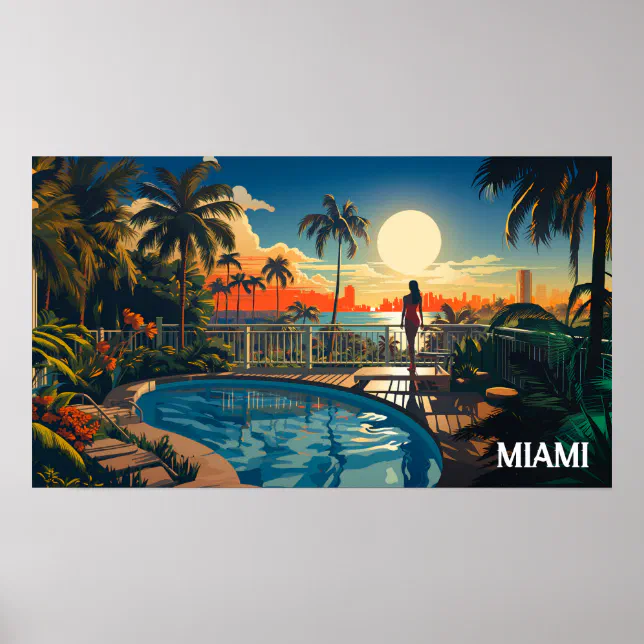 Pool patio at sunrise overlooking Miami Beach Poster