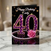 Glam Purple Diamonds Pearls Rose 40th Birthday Card