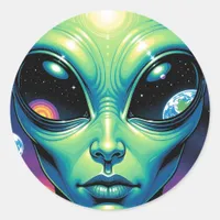Alien Face with Planets Reflections in Eyes Classic Round Sticker