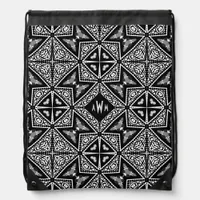 Black+White Tribal Geometric Monogram Drawstring Bag