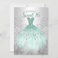 Silver Aqua Sparkle Dress Sweet 16 birthday Invitation