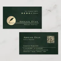Emerald Green Gold Feather Logo Notary Service Business Card