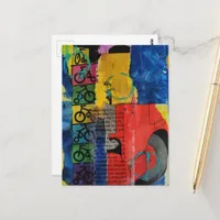 Transportation bright colors mixed media collage postcard
