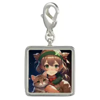 Cute Anime Girl Holding a Kitten  Charm