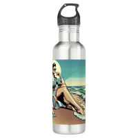 1950's Retro Woman Sitting on the Beach Stainless Steel Water Bottle