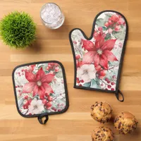 Winter Florals Foliage Red Poinsettia Berries  Oven Mitt & Pot Holder Set