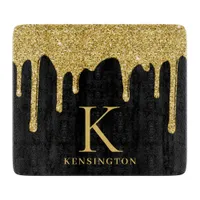 Elegant Black Gold Glitter Drips Monogram Cutting Board
