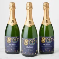 80th birthday navy blue gold stars photo sparkling wine label