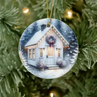 Tiny Home in a Magical Winter Forest Christmas Ceramic Ornament