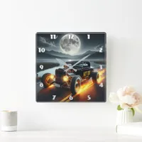 A fiery hot rod racing under a full moon square wall clock