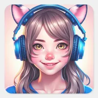 Anime Girl in Gaming or Music Headphones Square Sticker