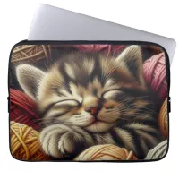 Cute Gray Kitten Napping in Balls of Yarn Laptop Sleeve