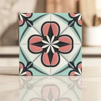 Art Deco Floral Design in Pink, Black, and Mint Ceramic Tile