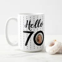 Hello 70 Black & White Dots Photo & Name Birthday Coffee Mug