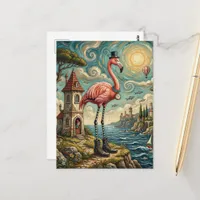 Surreal Pink Flamingo in Boots at the Beach Postcard