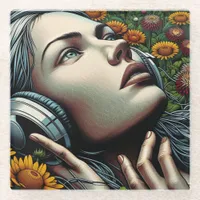 Beautiful Woman with Headphones in Sunflowers Glass Coaster