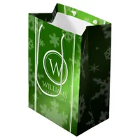 Festive Green Foil Snowflakes Monogram Name Medium Gift Bag