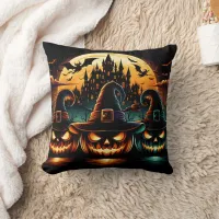 Halloween pumpkins glow under a full moon at dusk throw pillow