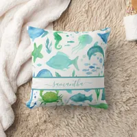Blue green sea ocean fish dolphins elegant name throw pillow