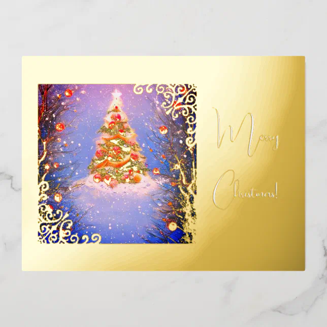 Christmas tree under the snow with gold foil holiday postcard