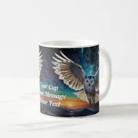 Twilight Sentinel: Owl in Flight at Sunset Coffee Mug