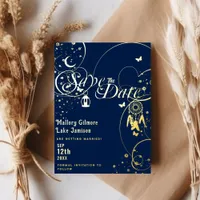 Whimsical Boho Wedding Save the Date Navy and Gold Foil Invitation