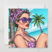 Woman in Purple Polka Dot Bikini on Beach Blank Card