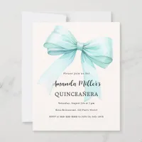 Teal green bow cream Quinceanera invitation