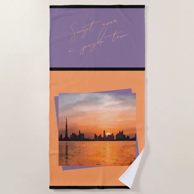 Sunset over a seaside town - Art  Beach Towel