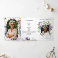Watercolor Floral Elegant Script 3-Photo Funeral Tri-Fold Program