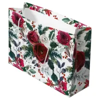 Burgundy Roses, Pine, Holly Christmas Floral Large Gift Bag