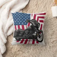 Custom motorcycle art with American flag backdrop Throw Pillow