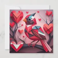 Origami Style Cardinal with Hearts Valentine Holiday Card