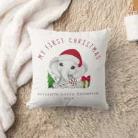 Baby First Christmas Photo Name Cute Elephant Throw Pillow