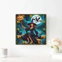 Enchanting witch celebrates Halloween night Square Wall Clock