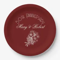 Flourished 50th anniversary - Burgundy and white Paper Plates