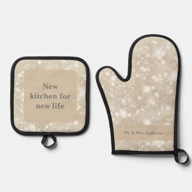 Glitter Bridal Beige Modern Fun  Oven Mitt & Pot Holder Set