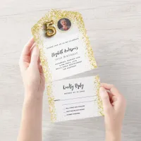50th birthday white gold photo party RSVP All In One Invitation