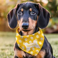 Yellow And White Paw Print Dog Bone Custom Name Pet Bandana Collar