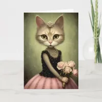 Adorable Cat Holds Pink Roses Card