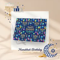 Festive Blue Illustrated Menorah Dreidel Card